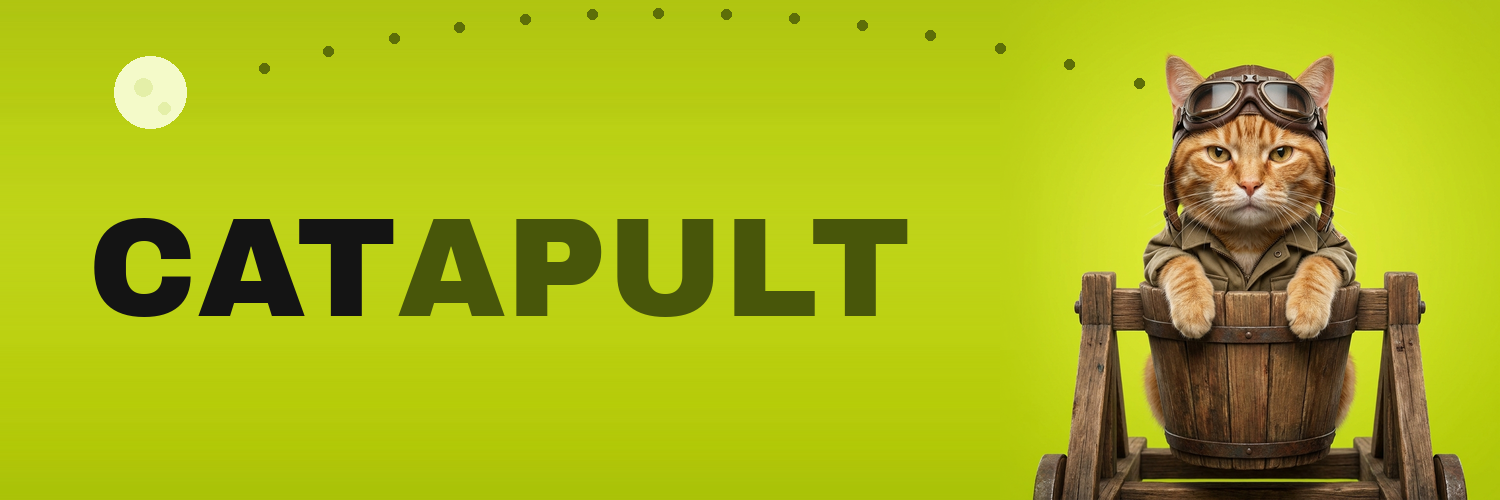 CATAPULT banner: Captain Whiskers loaded in the catapult, dotted trajectory arcing toward the moon