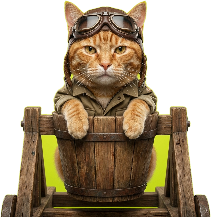 Captain Whiskers in WW1 aviator gear, seated in a wooden catapult bucket
